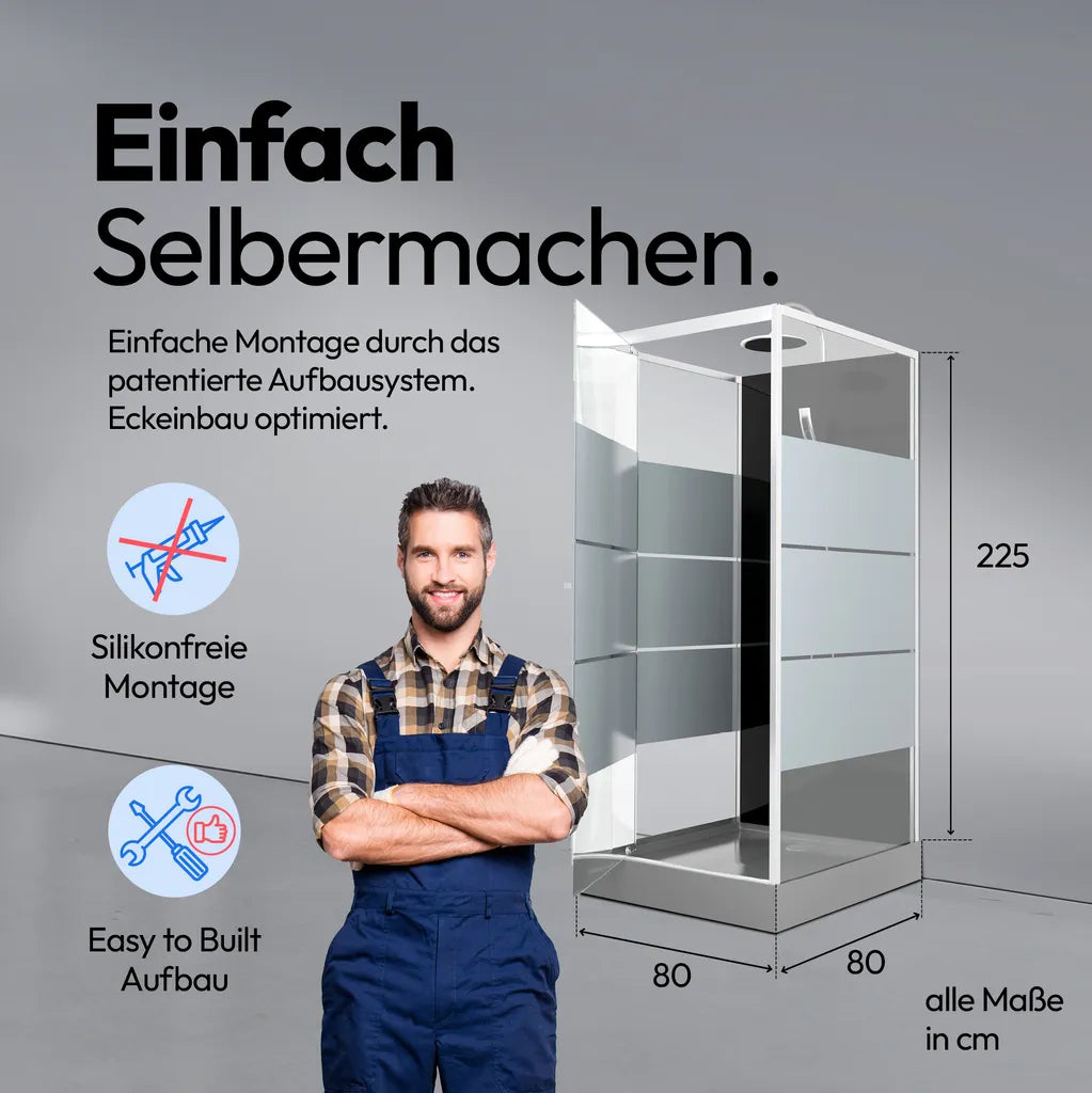 Dusche Komplett MARWELL Komplettdusche Fertigdusche Dusy 80 x 80 x 225 cm - komplett Set inkl. Duschwanne und Armatur - Runddusche mit Fronteinstieg