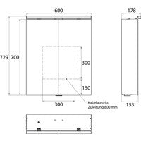 Lichtspiegelschrank, B:600mm / T:153mm , 2-trg,AP,LED,Unterl. Alu