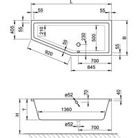 KO bathtub T200 170/75 R space-saving bathtub 1700x750x450 white drilled