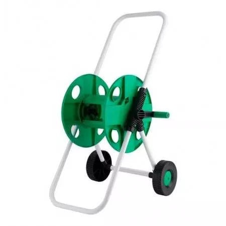 Portable 2-wheel hose trolley with hand crank, maximum winding length 45 m.