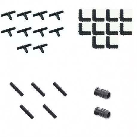 Bewässerungspaket 16 mm: 10 T-Stücke + 10 Bögen + 5 Glieder + 2 Kappen